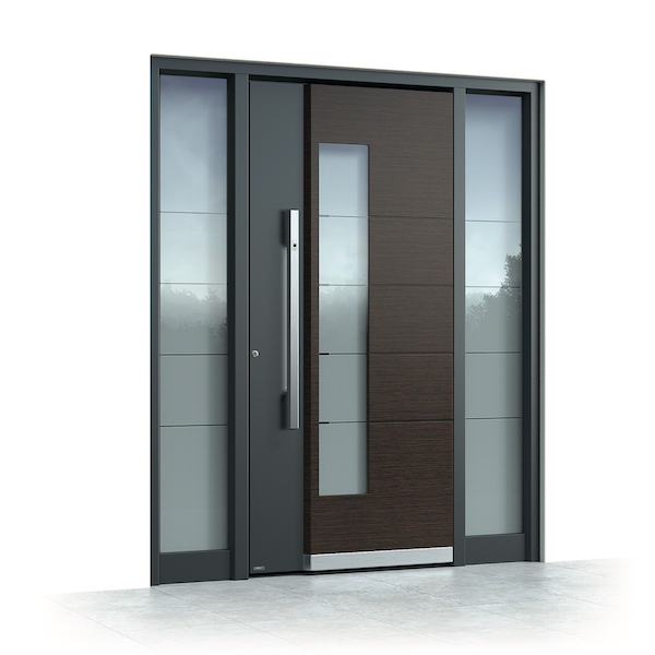 Aluminium front door with double-sided sidelights