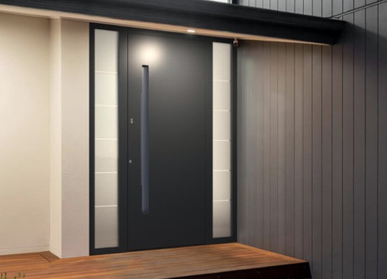 Black front door with lighting and side panels